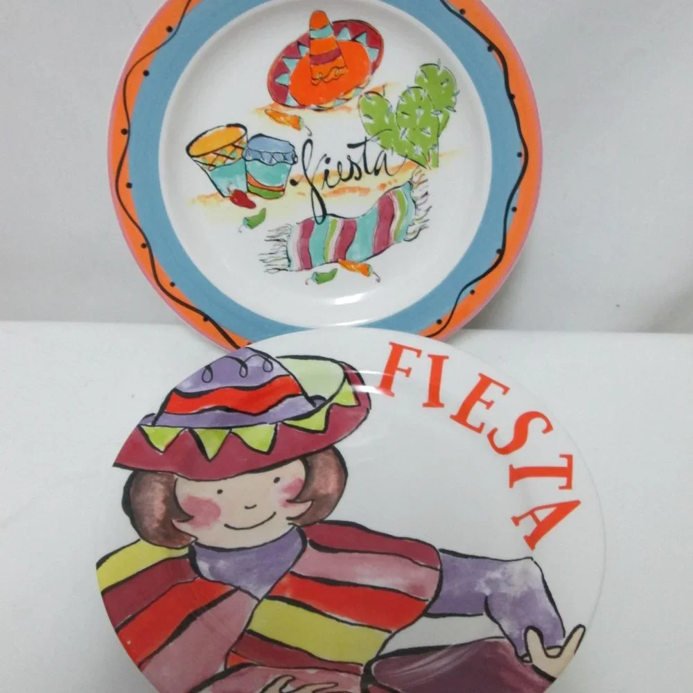 R Table Fiesta ceramic salad dessert plate set 2 Mariachi Cactus Mexican Theme